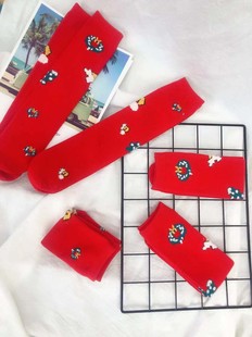 波拉韩国儿童纯棉红色袜子秋冬新款男女童韩版百搭亲子圣诞袜子