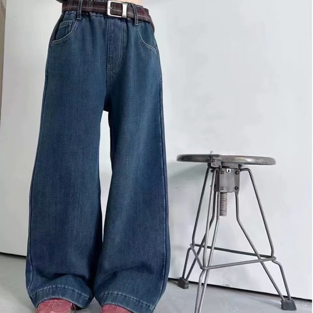 儿童加绒牛仔裤2024冬款男女童韩版宽松直筒裤长裤子