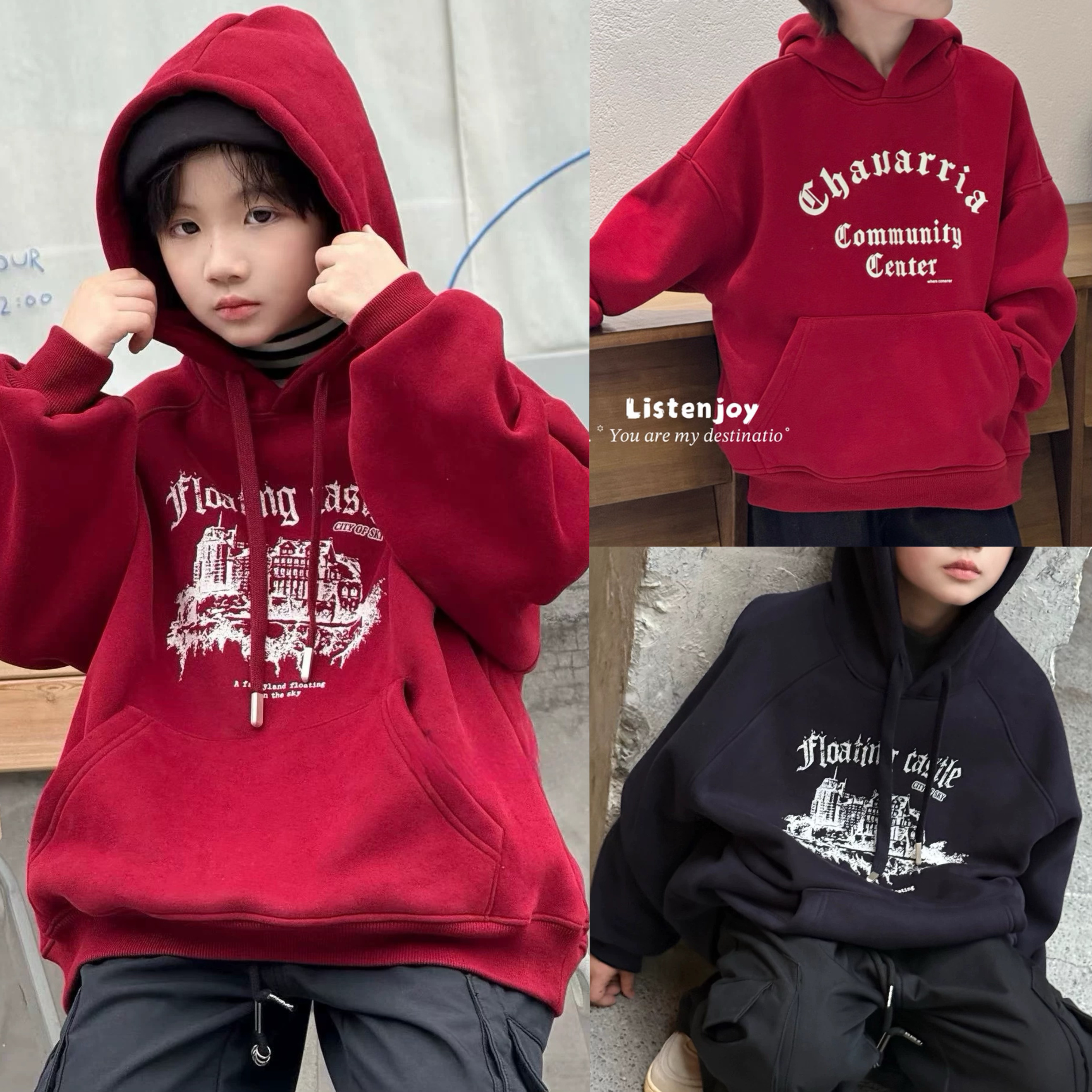 波拉韩国男女童连帽卫衣秋冬款韩版宽松加厚一体绒运动衫圣诞年装