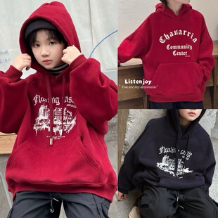 波拉韩国男女童连帽卫衣秋冬款韩版宽松加厚一体绒运动衫红色年装
