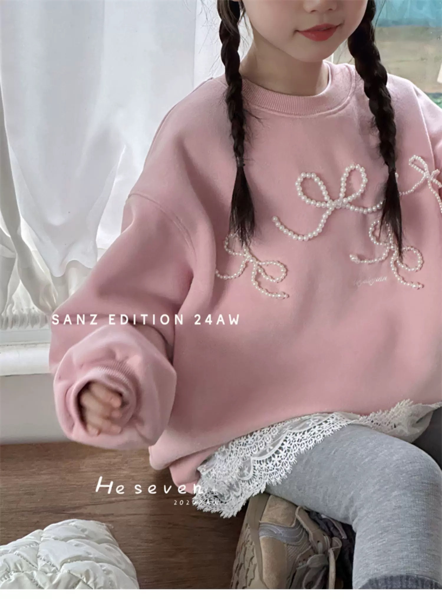 波拉bora韩国童装女童手工珍珠蝴蝶结加绒卫衣秋冬款儿童加厚外套