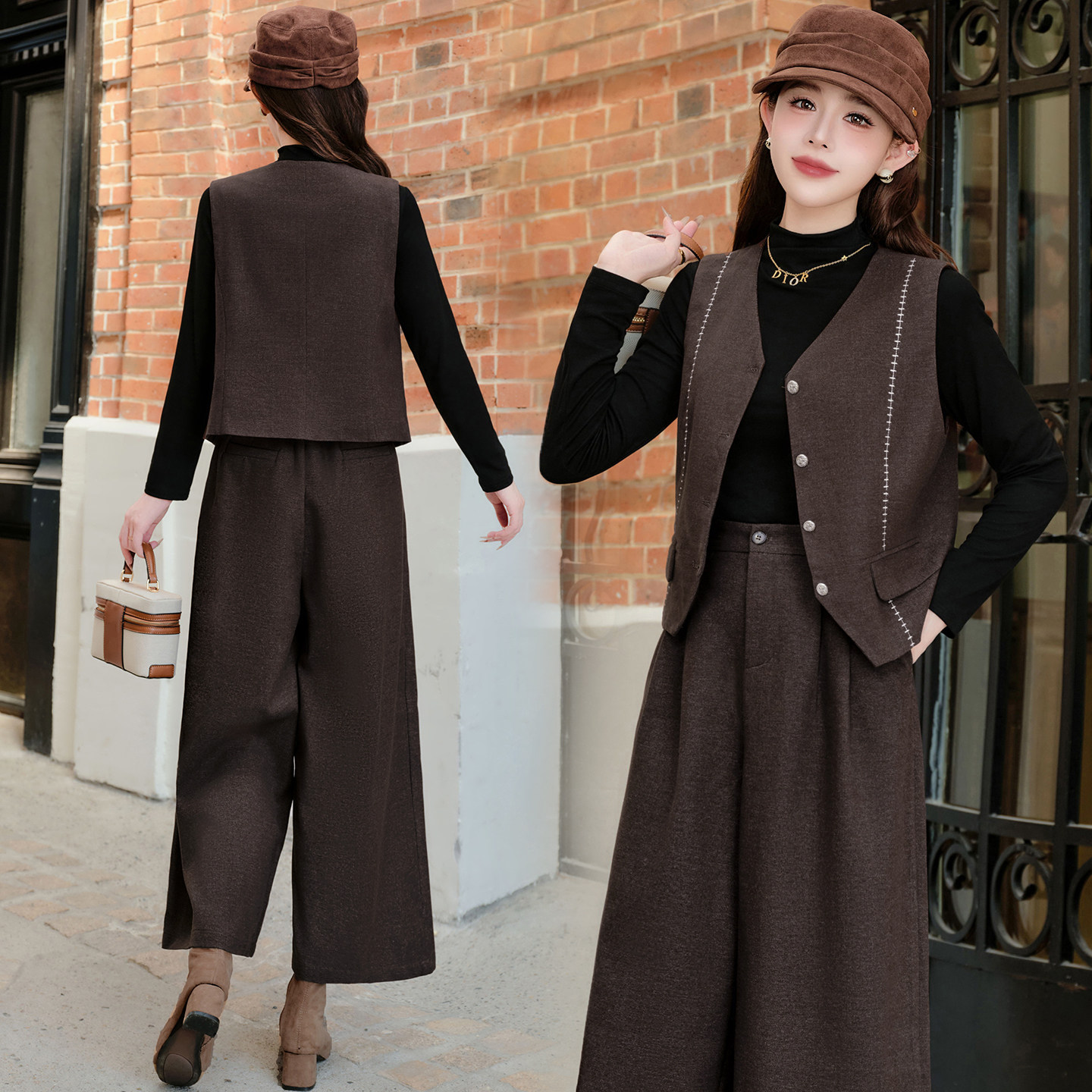 时尚磨毛西装马夹八分阔腿裤套装2025女秋季新款气质小香风两件套,女装/女士精品,时尚套装,淘宝优惠券,粉丝福利购,淘宝优惠卷
