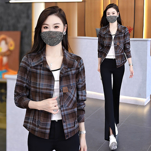 女宽松短款长袖格子衬衫加厚磨毛polo领小外套2026春秋新款英伦风