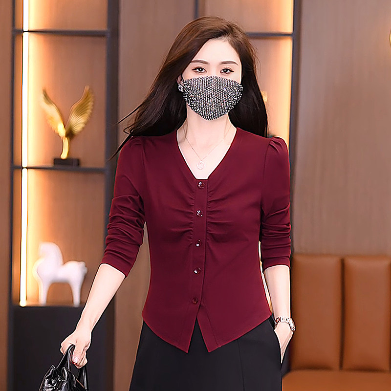 V领长袖前胸压褶修身开衫T恤女