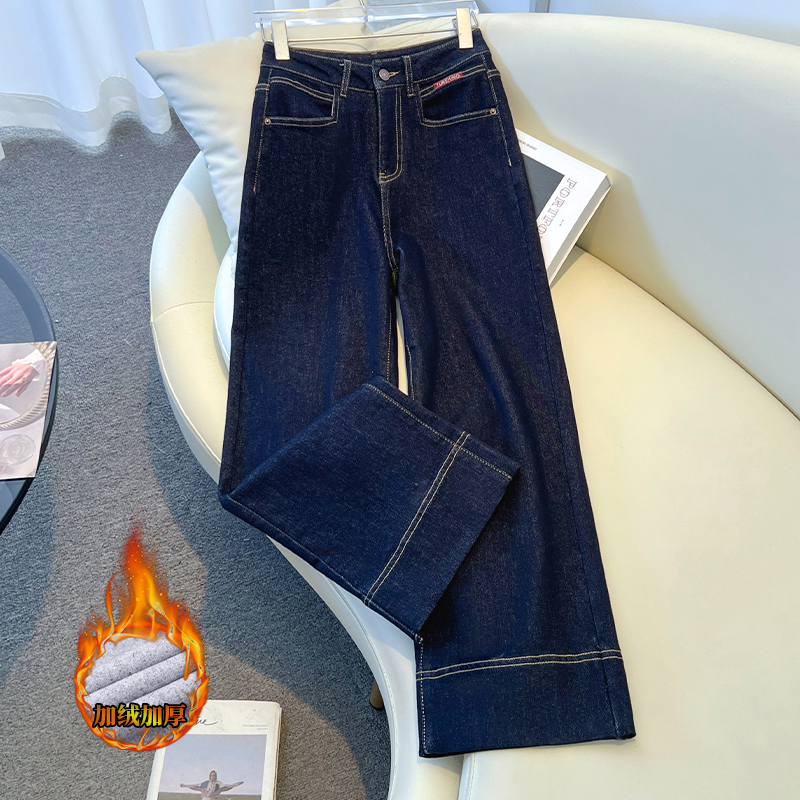高腰显瘦牛仔加绒阔腿裤小个长裤