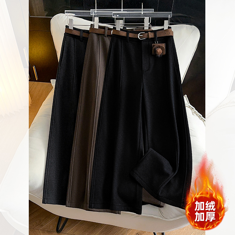 加绒加厚毛呢阔腿裤小个子九分直筒裤2025冬季新款女气质百搭裤子