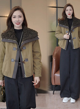 女短款仿羊羔毛大翻领夹棉派克服