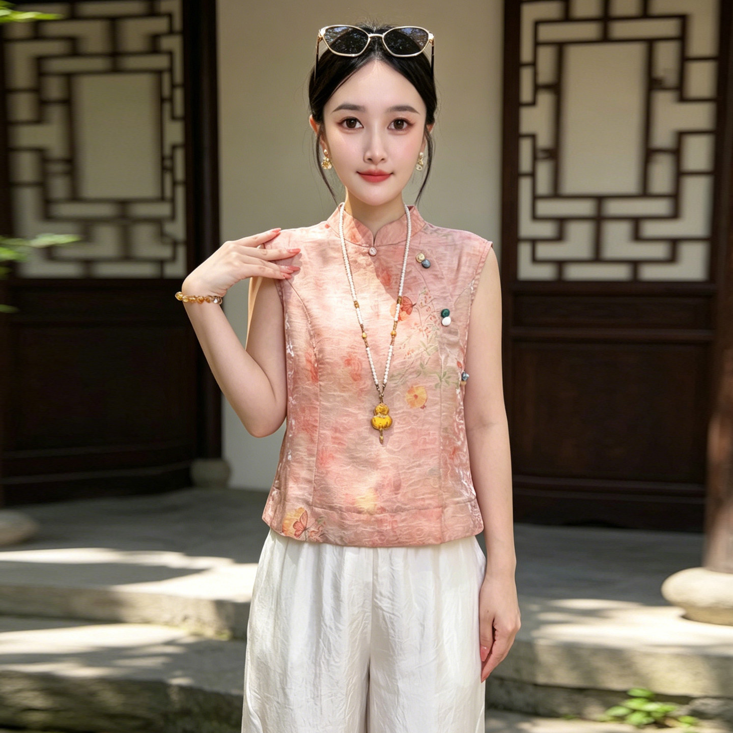 女旗袍领无袖缎面小衫八分裤套装