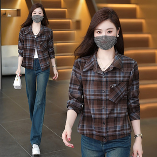 秋季新款女短款翻领长袖格子衬衫加厚磨毛薄外套开衫压褶显瘦衣摆