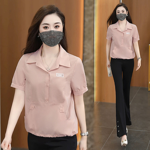 2025夏季新款女纯棉短袖衬衫下摆收口宽松显瘦套头衬衣纯色百搭