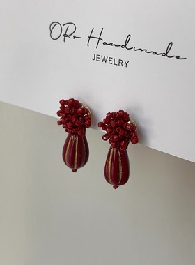 OPs手作玫瑰物语显白正红色古董珠串珠小众文艺耳环新年喜庆耳饰