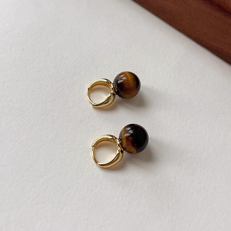 OPs美拉德棕天然虎眼石通体S925纯银耳扣耳环简约高级通勤耳饰