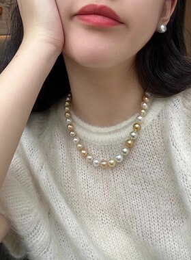 落日熔金高端人造澳白混彩南洋金珠纯银扣法式打结倪妮珍珠项链