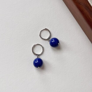 OPs显白克莱因蓝青金色天然石通体纯银简约气质百搭耳扣耳环/耳夹