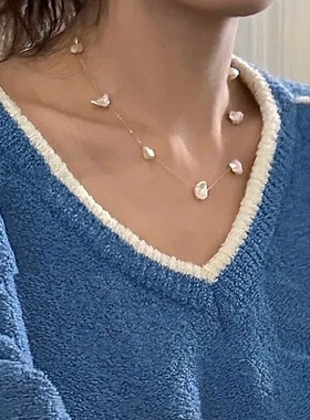 OPs自制韩国ribbonbit炫亮天然淡水巴洛克花瓣珍珠满天星纯银项链