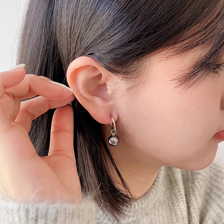 OPs可拆卸耳坠吊坠两用通体纯银耳圈简约高级施家黑珍珠耳环/耳夹