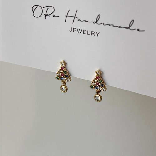 OPs很小很精致的迷你彩钻闪亮锆石圣诞树纯银针耳钉耳环