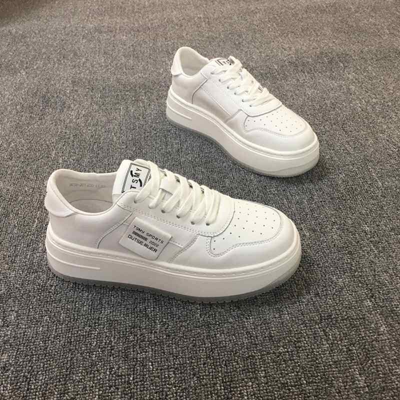 2022年春季新款韩版百搭圆头绑带真皮平底休闲小白鞋板鞋女鞋单鞋