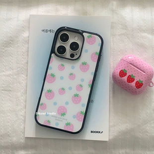 韩国ins小众少女心可爱草莓爱心波点17黑边软壳适用iphone16promax/15pro苹果13/12/11全包14pro手机保护套