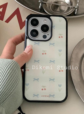 韩国ins小众复古樱桃丝带蝴蝶结黑边软壳适用iphone16/15promax/14pro苹果17/12/13全包16promax手机保护套