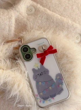 韩国ins小众彩灯灰色猫咪蝴蝶结挂件手机壳适用iphone16promax苹果17promax/13/12/14全包15pro手机保护套