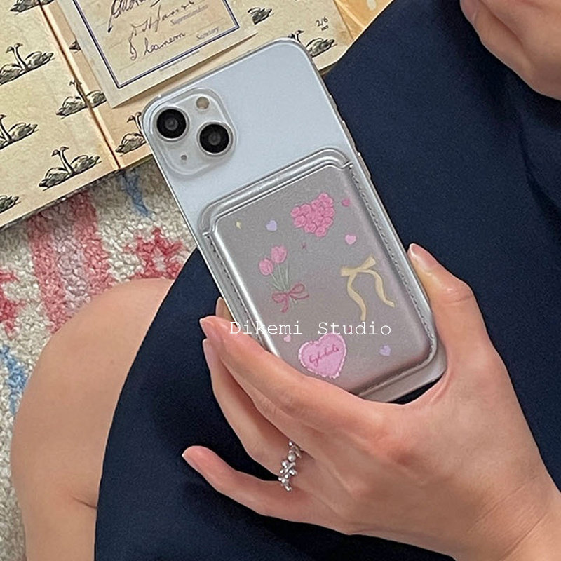 韩风ins小众甜美少女心花朵蝴蝶结magsafe磁吸手机壳皮卡包适用于iPhone16/15pro/14promax苹果13/12手机保护