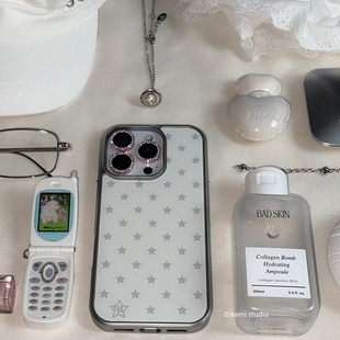 14全包15pro手机保护套 韩国ins小众Y2K古早风满屏五角星电镀银边壳适用iphone16promax苹果17promax