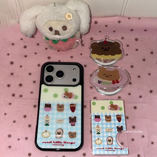 软萌甜妹蓝格纹小熊甜品手机壳