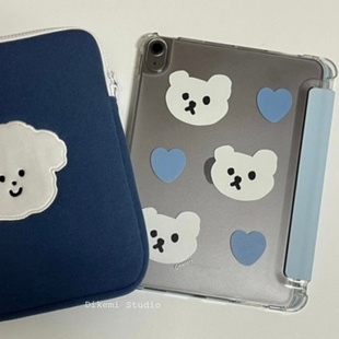 韩国ins小众设计蓝色爱心小熊带笔槽ipad11平板电脑保护套支架air4/5/6/7适用苹果ipad2025保护皮套防摔软壳