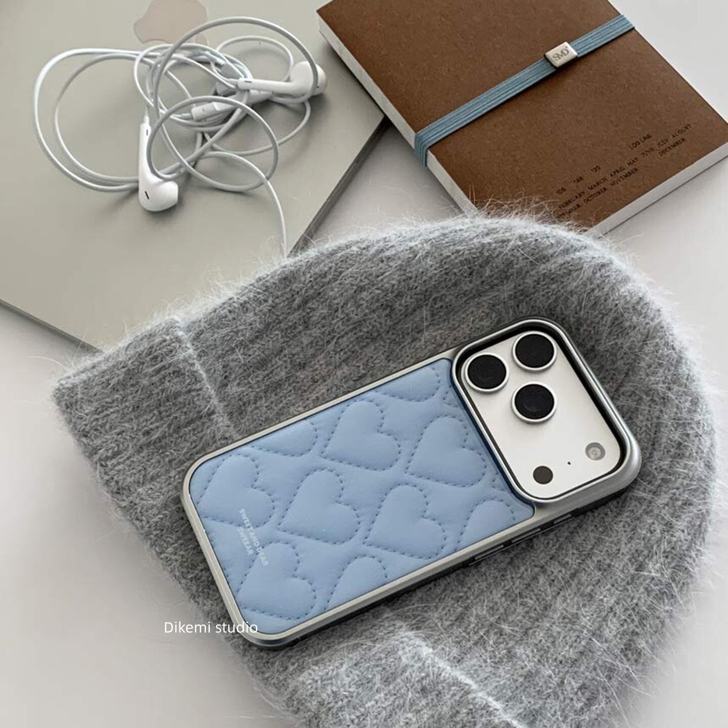 韩系ins小众小香风蓝色爱心菱格纹印花手机壳适用iphone16promax苹果17promax1/3/12/14全包15pro手机保护套