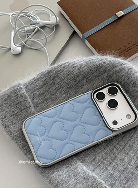 韩系ins小众小香风蓝色爱心菱格纹印花手机壳适用iphone16promax苹果17promax1/3/12/14全包15pro手机保护套