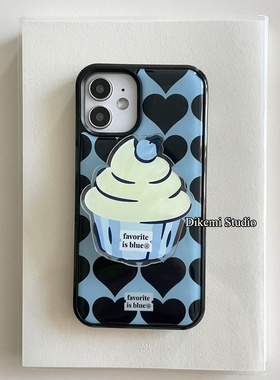 韩国ins小众甜酷蓝色爱心黑边17pro软壳兔子支架适用iphone16promax苹果15pro全包12情侣14/13手机保护套