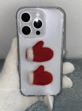 韩国ins小众新年圣诞氛围感立体红色手套透明软壳适用iphone16promax/15pro苹果14/13/12手机保护套