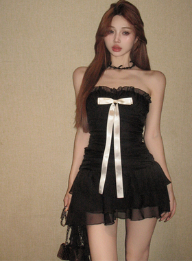 蝴蝶结黑色无袖抹胸连衣裙女夏季party生日小礼裙辣妹短裙a字裙子