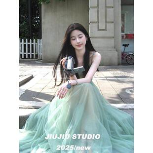 绿野仙踪网纱仙女裙女夏季 绿色吊带连衣裙气质艺术生绝美长裙 法式