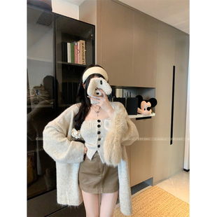 韩系慵懒风毛衣外套女秋季抹胸背心两件套超好看宽松针织开衫上衣