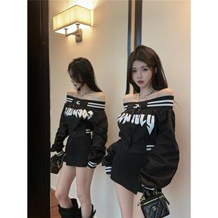 黑色高级感字母设计感长袖衬衫女春夏印花一字肩辣妹修身洋气上衣