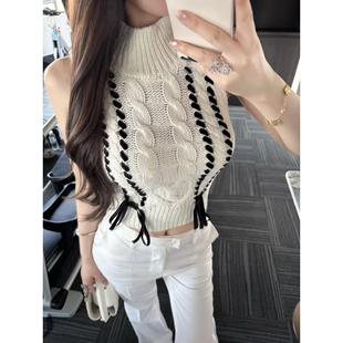 法式半高领麻花针织背心女夏外穿纯欲名媛气质设计感撞色短款上衣