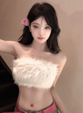 毛白色超短抹胸裹上衣女秋