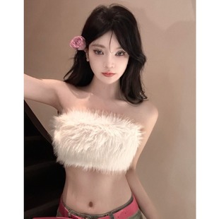 毛毛白色超短抹胸裹胸上衣女秋冬无肩带内搭性感辣妹外穿打底背心