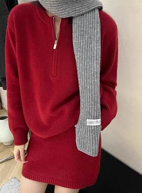 针织红色连衣裙子女秋冬20