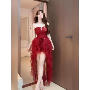 拖尾长裙 显瘦连衣裙 法式 纯欲名媛红色复古抹胸蕾丝包臀修身