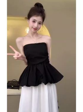 法式抹胸一字肩黑色小背心