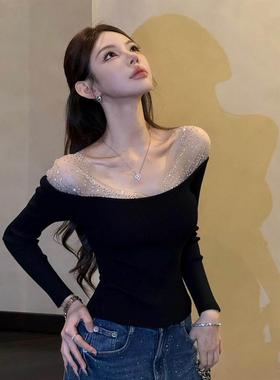 重工烫钻一字肩长袖T恤女秋冬德绒打底衫内搭超好看黑色修身上衣