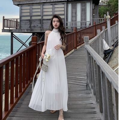 高级法式仙女度假百褶无袖裙子女