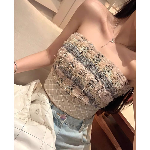 原创粉系菱格纹抹胸背心女上衣
