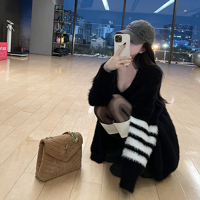 黑色水貂绒毛衣开衫中长款