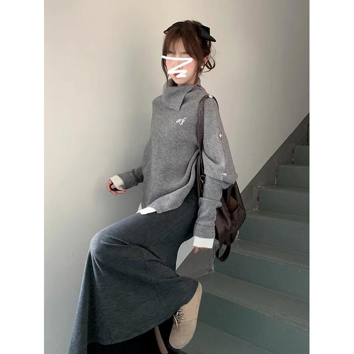 灰色慵懒风高级感不规则高领毛衣女秋冬季2024新款内搭针织衫上衣