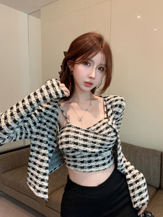 纯欲甜辣妹抹胸上衣女秋季 外搭吊带背心两件套 小香风格 子防晒开衫