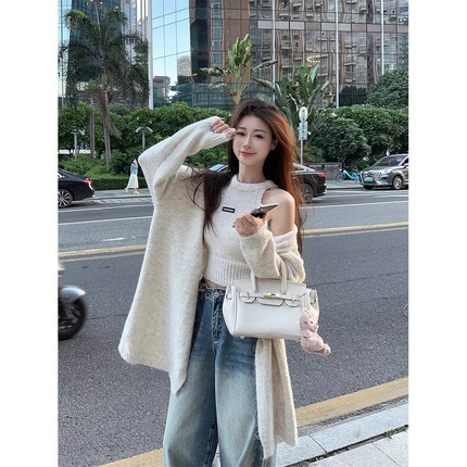 慵懒风中长款毛衣开衫外套女秋冬穿搭套装针织背心上衣叠穿两件套